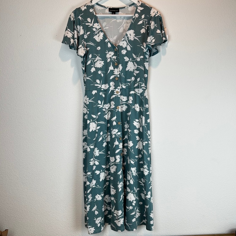 Cottagecore Flutter Sleeve V Neck Floral Midi Dress Size L Button Teal Soft Girl